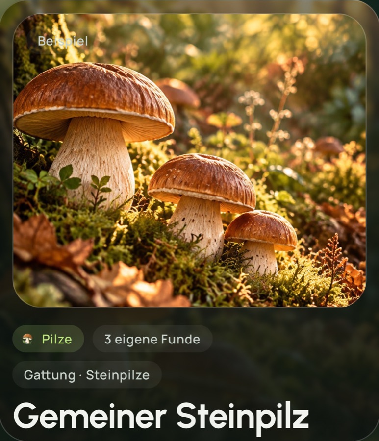 Artseite „Gemeiner Steinpilz“ mit Foto, Gruppe Pilze und drei eigenen Funden
