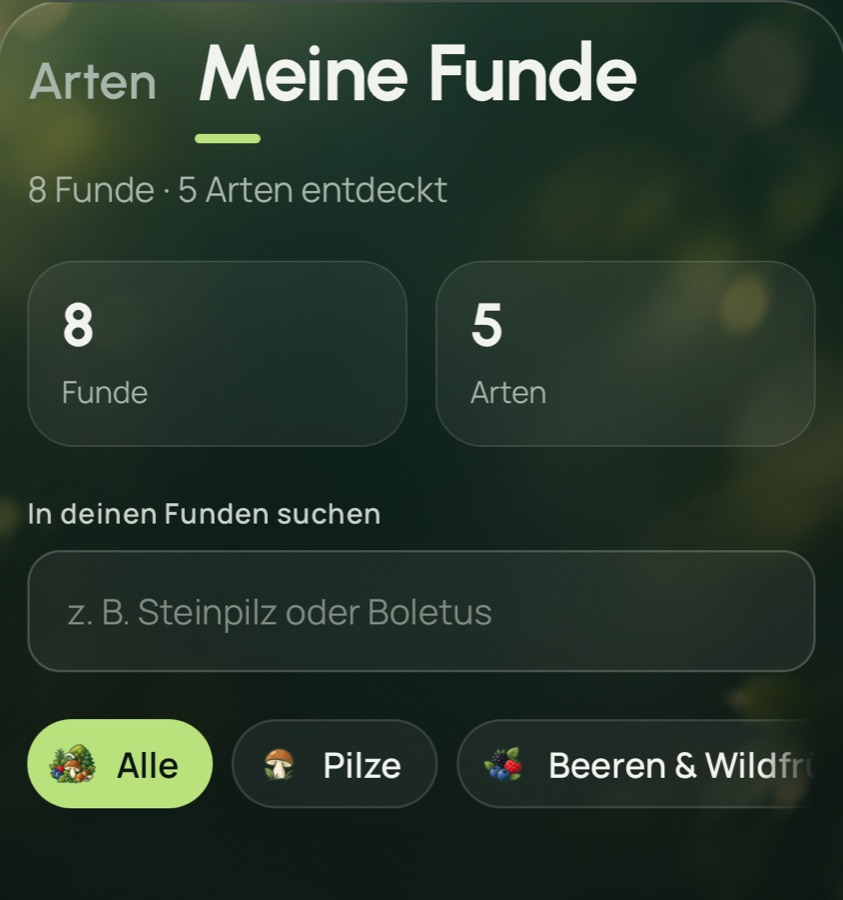 „Meine Funde“ mit 8 Funden und 5 entdeckten Arten
