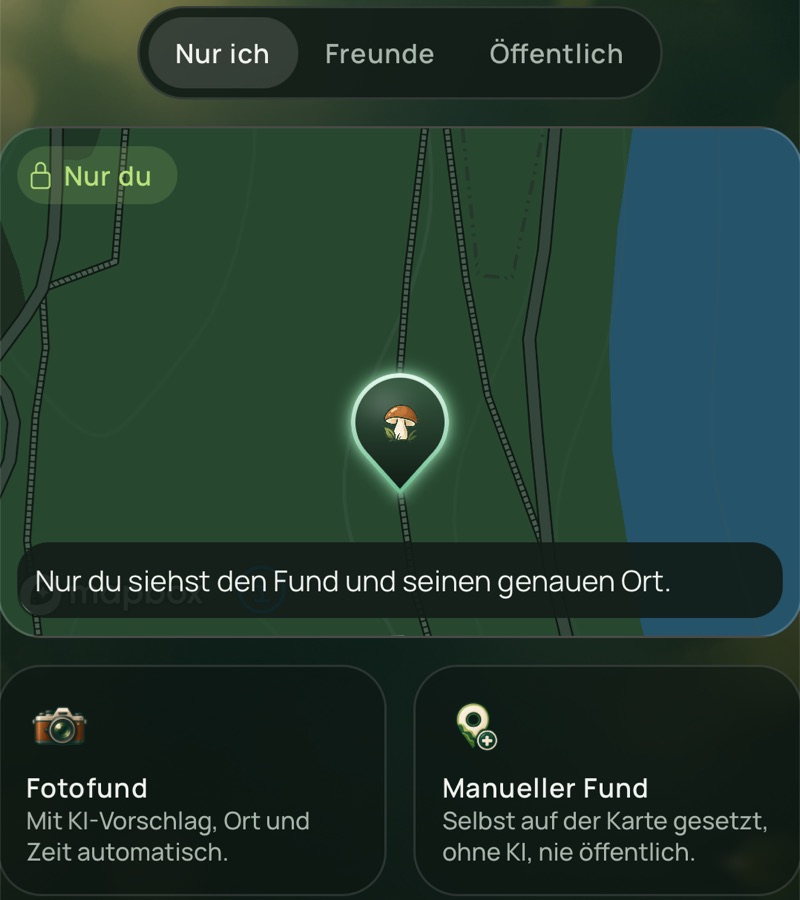 Umschalter „Nur ich, Freunde, Öffentlich“ über einer Karte mit einem privaten Fund